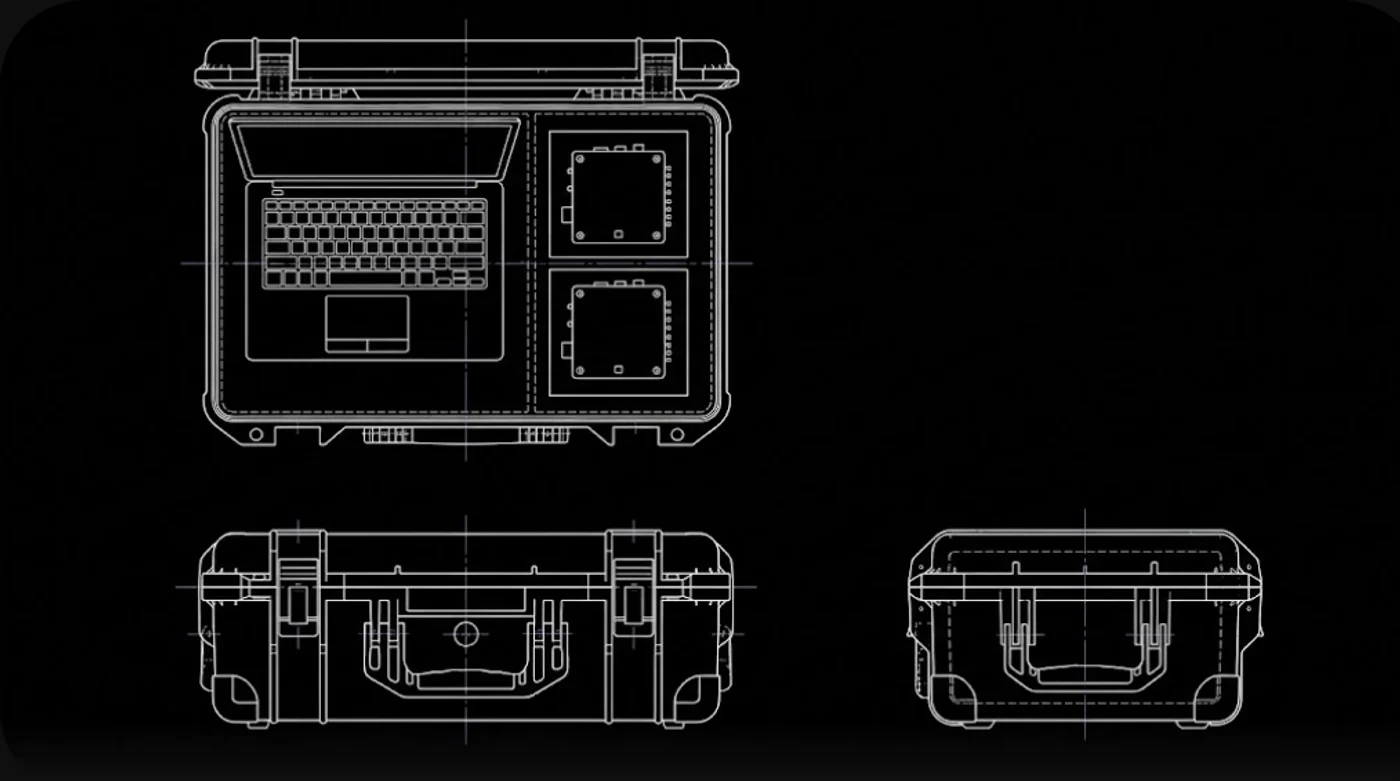 General arrangement drawing of the RAPTOR unit: plan view of the open case with console and compute nodes in foam, plus front and side elevations